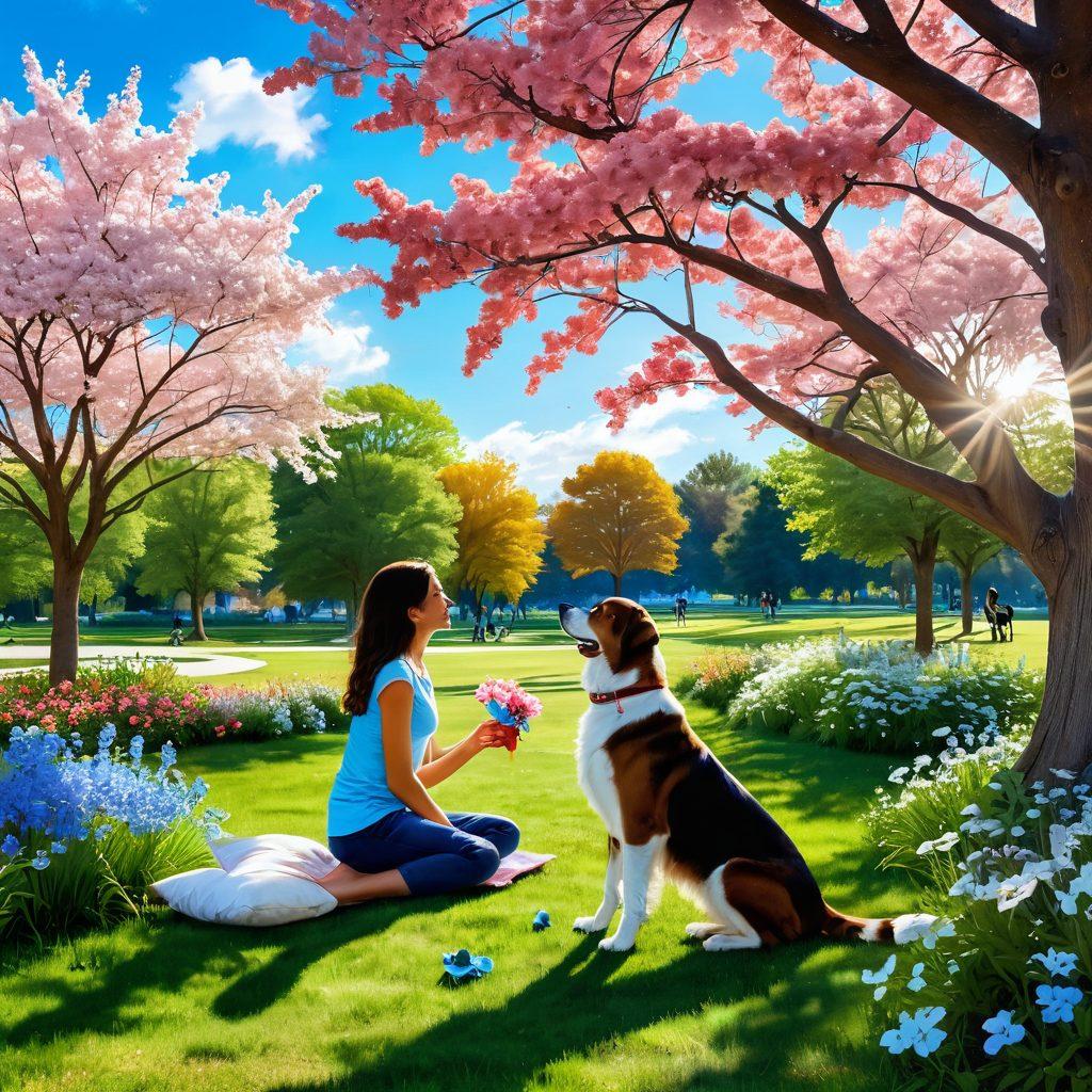 A heartwarming scene depicting a human and a dog sharing a joyful moment in a sunlit park, surrounded by blooming flowers and trees. The human shows affection, while the dog embodies loyalty and happiness. Include playful elements like a frisbee and a cozy dog bed nearby, representing companionship. The sky above is bright blue with fluffy white clouds. super-realistic. vibrant colors. nature background.