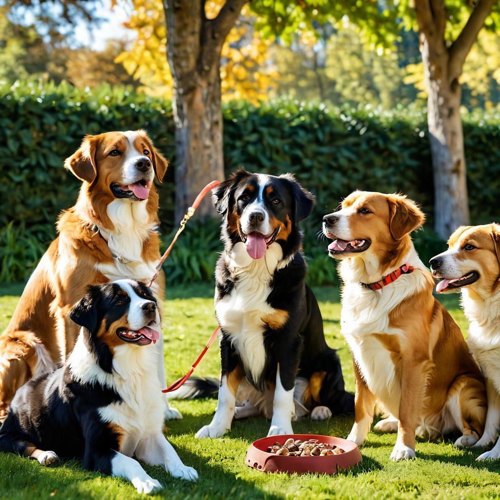 A serene outdoor setting featuring diverse dog breeds displaying various behaviors such as playing, sitting, and interacting with their owners. Include training tools like leash and treats in a sunny environment, capturing joyful expressions of both dogs and trainers, symbolizing a bond of understanding. Emphasize warmth and positivity in the scene. super-realistic. vibrant colors. natural background.